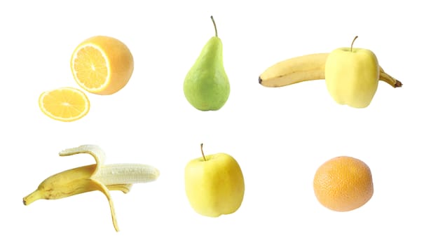A variety of fruits in the same collection on a white background