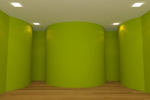 Interior rendering with empty room color curve wall and decorated with wooden floors.