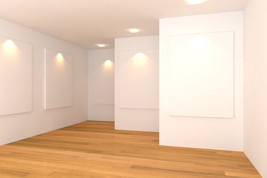Empty room interior with white canvas on white wall in the gallery.