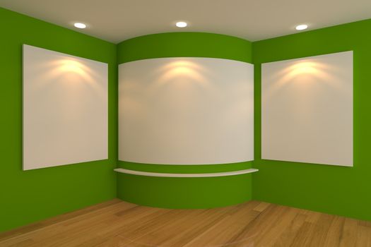 Empty corner room interior with white canvas on a green wall in the gallery.