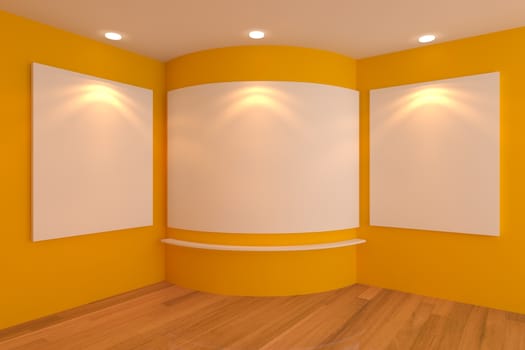 Empty corner room interior with white canvas on a yellow wall in the gallery.