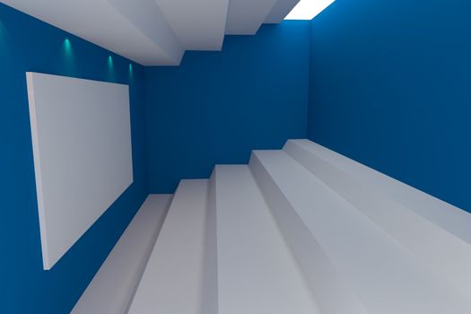 Abstract interior rendering with empty room color blue wall.