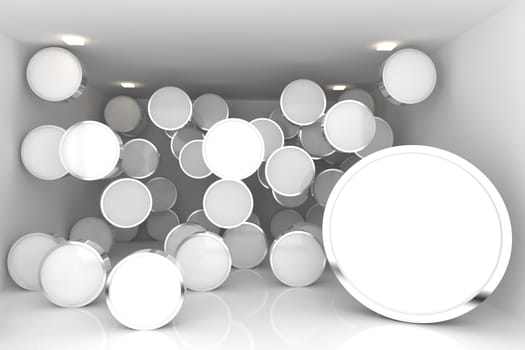 Abstract interior rendering with empty room color rounded box display.