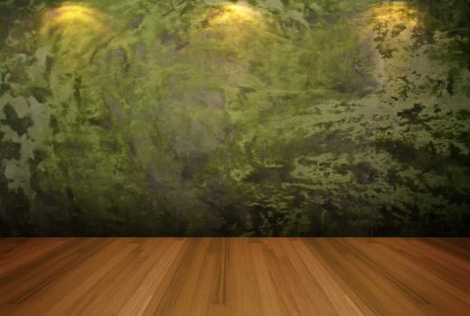 Interior rendering with empty room green cement wall and decorated with wooden floors. 