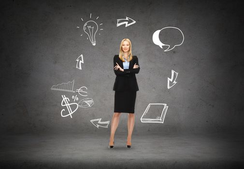 business, communication and office concept - friendly young smiling businesswoman with different doodle on the back