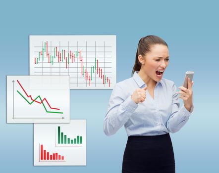 business, technology and education concept - screaming businesswoman with smartphone