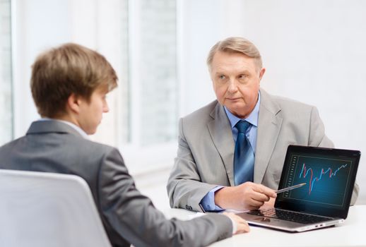 business, advertisement, technology and office concept - older man and young man with laptop computer in office