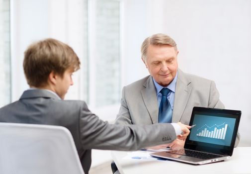 business, advertisement, technology and office concept - older man and young man with laptop computer in office