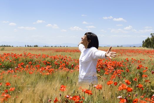 Wheat field and poppies in spring. Happy woman raises her arms.
