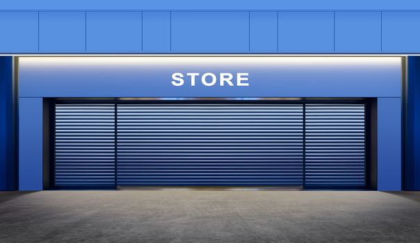 modern empty store with roller shutter doors on street at night time