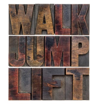 exercise and fitness  concept - walk, jump, and lift word abstract in vintage letterpress wood type
