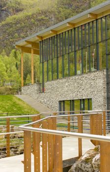 Geiranger fjord center is a modern building located at the end of the new waterfall pathway.