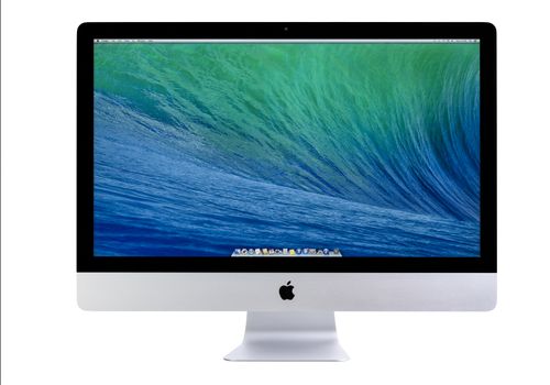 GALATI, ROMANIA, FEBRUARY 26, 2014: New iMac 27 With OS X Mavericks. It brings new apps to desktop. New Apple iMac 27 inch on glass against white background. Galati, Romania, February 26, 2014