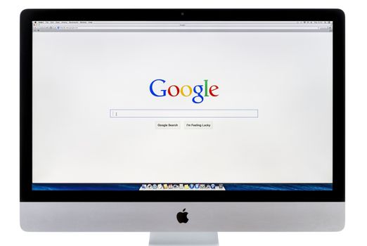 GALATI, ROMANIA, MARCH 28, 2014: Apple New iMac with Google search web page on a screen. Galati, Romania, March 28, 2014