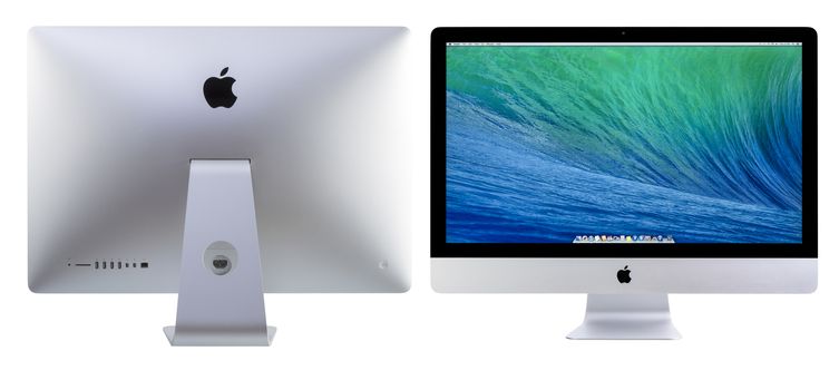 GALATI, ROMANIA, MARCH 28, 2014: New iMac 27 With OS X Mavericks. It brings new apps to desktop. Front and back view of New Apple iMac 27 inch against white background. Galati, Romania, March 28, 2014
