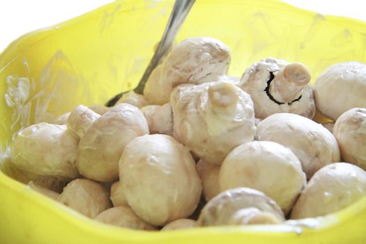 Champignon mushrooms in marinade ready for cooking