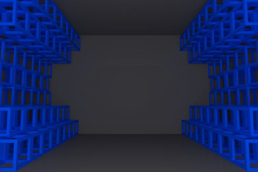 Abstract blue square truss wall with empty room
