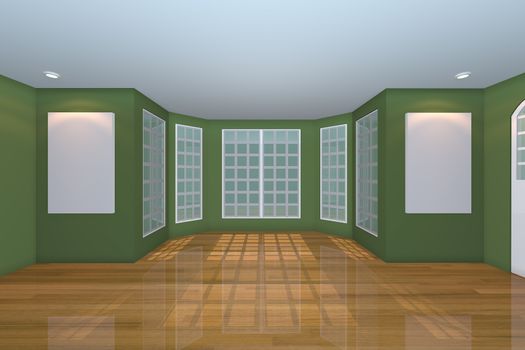 Home interior rendering with empty room color green wall and decorated with wooden floors. 