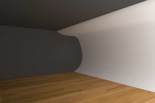 Abstract white curve wall with empty room wood floor