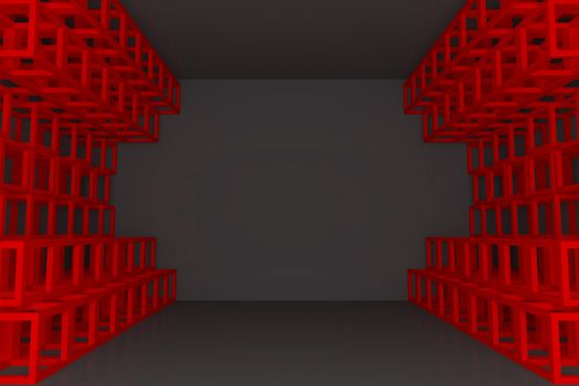 Abstract red square truss wall with empty room