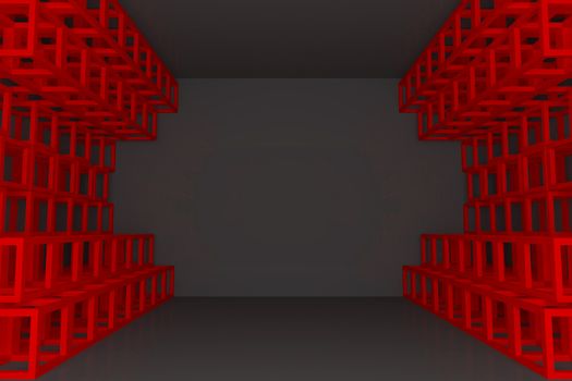 Abstract red square truss wall with empty room