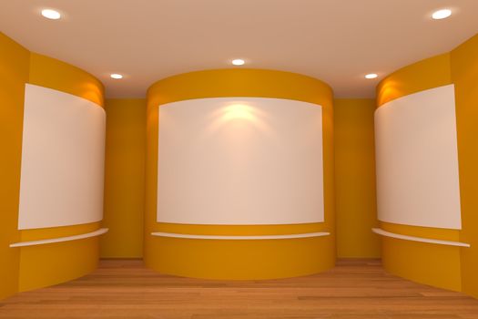 Empty room interior with white canvas on a yellow wall in the gallery.