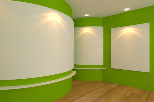 Empty room interior with white canvas on a gray wall in the gallery.
