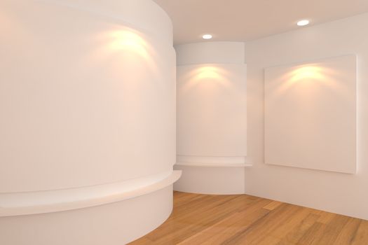 Empty room interior with white canvas on a white wall in the gallery.