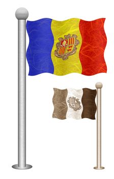 Andorra flag waving on the wind. Flags of countries in Europe. Mulberry paper on white background.