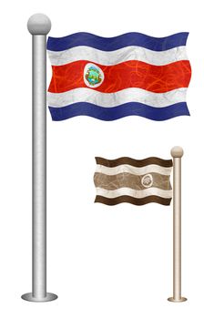 Costarica flag waving on the wind. Flags of countries in North America. Mulberry paper on white background.