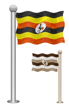 Uganda flag waving on the wind. Flags of countries in Africa. Mulberry paper on white background.