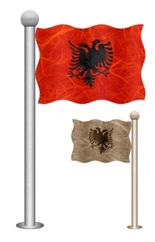 Albania flag waving on the wind. Flags of countries in Europe. Mulberry paper on white background.