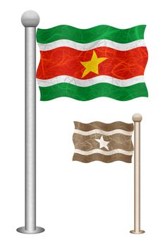 Suriname flag waving on the wind. Flags of countries in South America. Mulberry paper on white background.