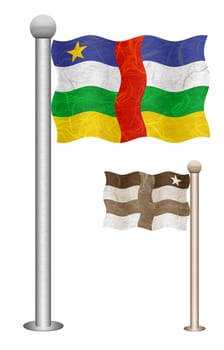 Central African Republic flag waving on the wind. Flags of countries in Africa. Mulberry paper on white background.
