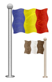 Chad flag waving on the wind. Flags of countries in Africa. Mulberry paper on white background.