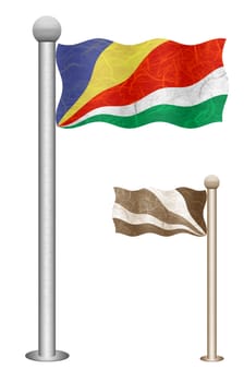 Seychelles flag waving on the wind. Flags of countries in Africa. Mulberry paper on white background.