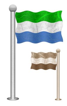  Sierra Leone flag waving on the wind. Flags of countries in Africa. Mulberry paper on white background.