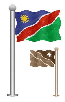 Namibia flag waving on the wind. Flags of countries in Africa. Mulberry paper on white background.