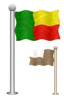 Benin flag waving on the wind. Flags of countries in Africa. Mulberry paper on white background.