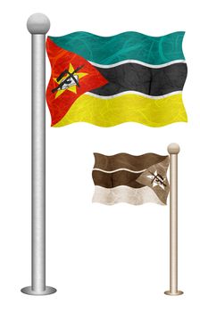 Mozambique flag waving on the wind. Flags of countries in Africa. Mulberry paper on white background.