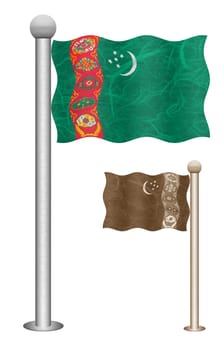 Turkmenistan flag waving on the wind. Flags of countries in Asia. Mulberry paper on white background.
