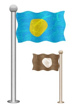 Palau flag waving on the wind. Flags of countries in Oceania. Mulberry paper on white background.