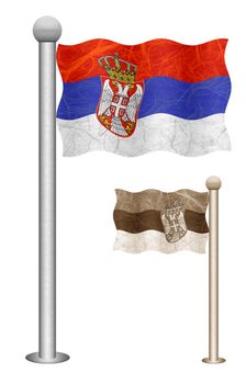 Serbia flag waving on the wind. Flags of countries in Europe. Mulberry paper on white background.