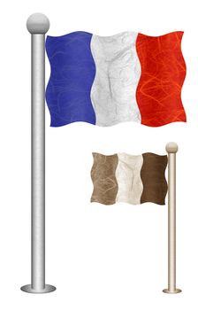 France flag waving on the wind. Flags of countries in Europe. Mulberry paper on white background.