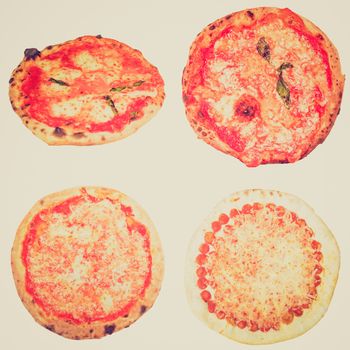 Vintage retro looking Many types of vegetarian pizzas including Italian pizza margherita isolated over white