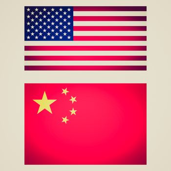Vintage retro looking Set of USA and China flags vignetted illustration