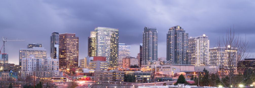 A clear panoramic view of Bellevue, WA with a storm passing at dusk
