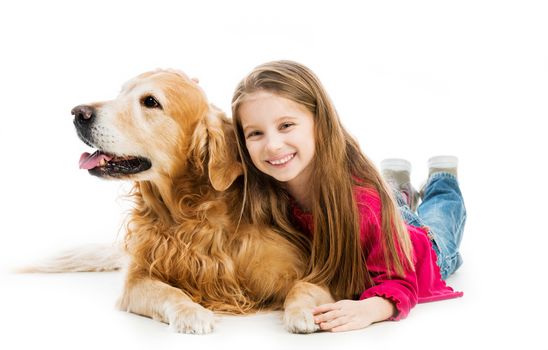 little girl with a red retriever