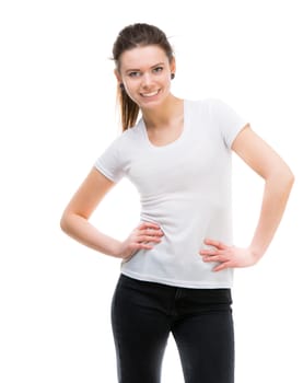 portrait of happy girl in white t-shirt and and black trousers isolated on white background