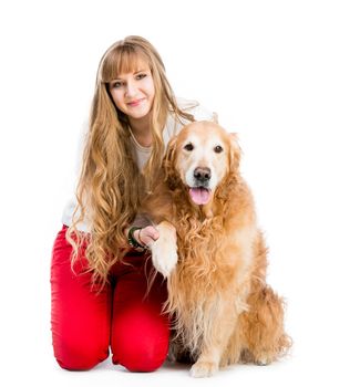 cute girl with long hair and red retriever isolated on a white background
